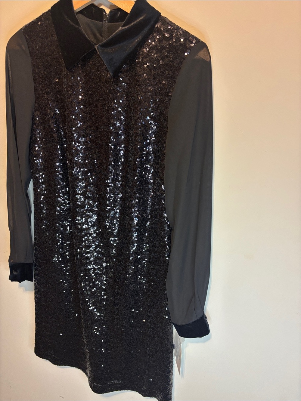✨Julia Jordan Black Cocktail Sequin Dress with Velvet Collar Sheer Sleeve Size 6 - Picture 3 of 12